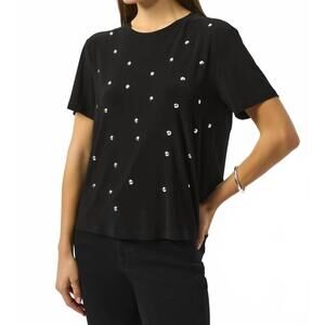 NEW JOSEPH RIBKOFF embellished short sleeve boxy top in black